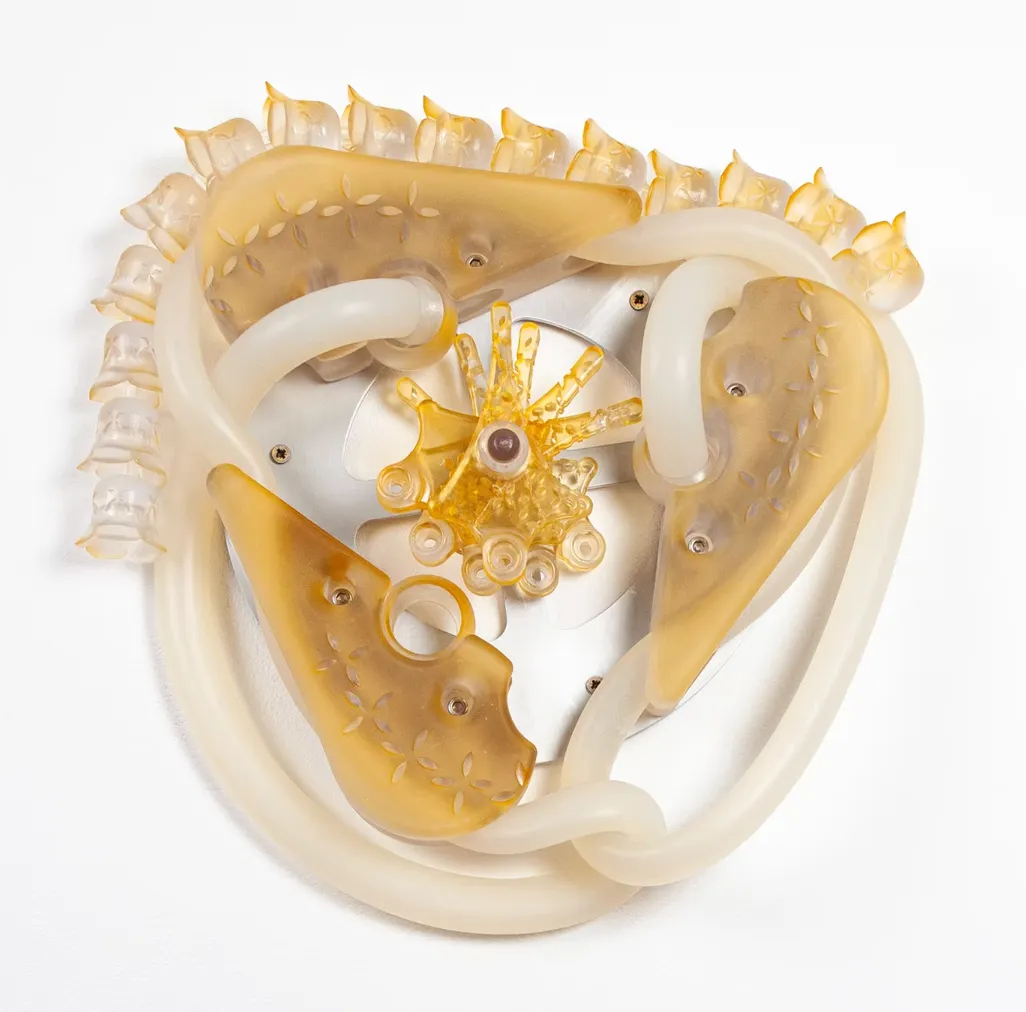 Wall-mounted relief in amber resin and translucent tubing, biomorphic cast forms